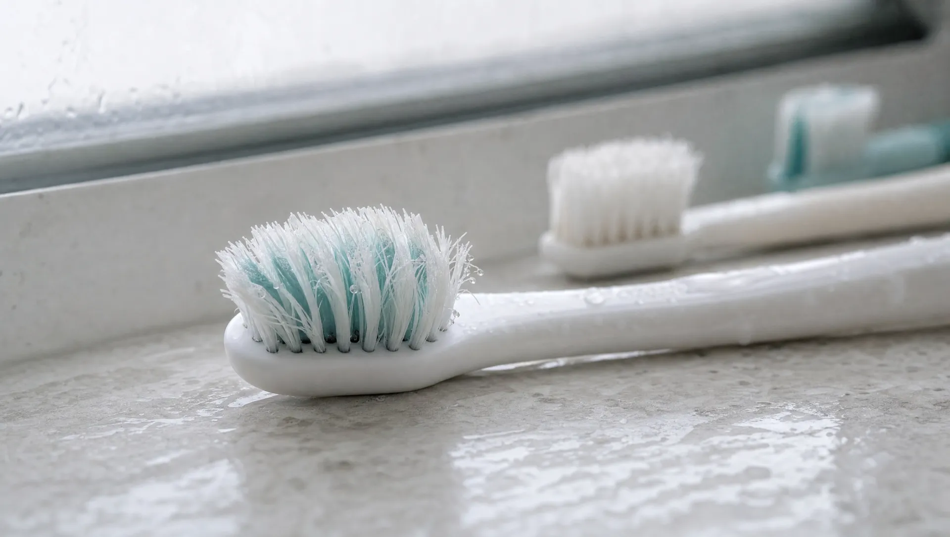 A toothbrush with soft bristles on the edge of a sink, the front one slightly splayed with droplets of water