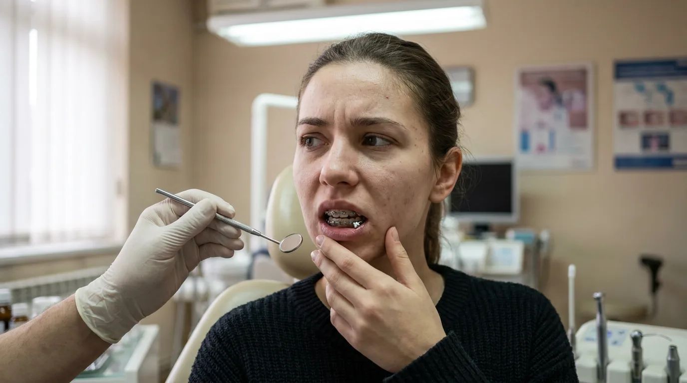 Zabrinuta pacijentkinja sa fiksnim aparatom drži se za obraz dok joj ortodont pregleda zube stomatološkim ogledalcetom