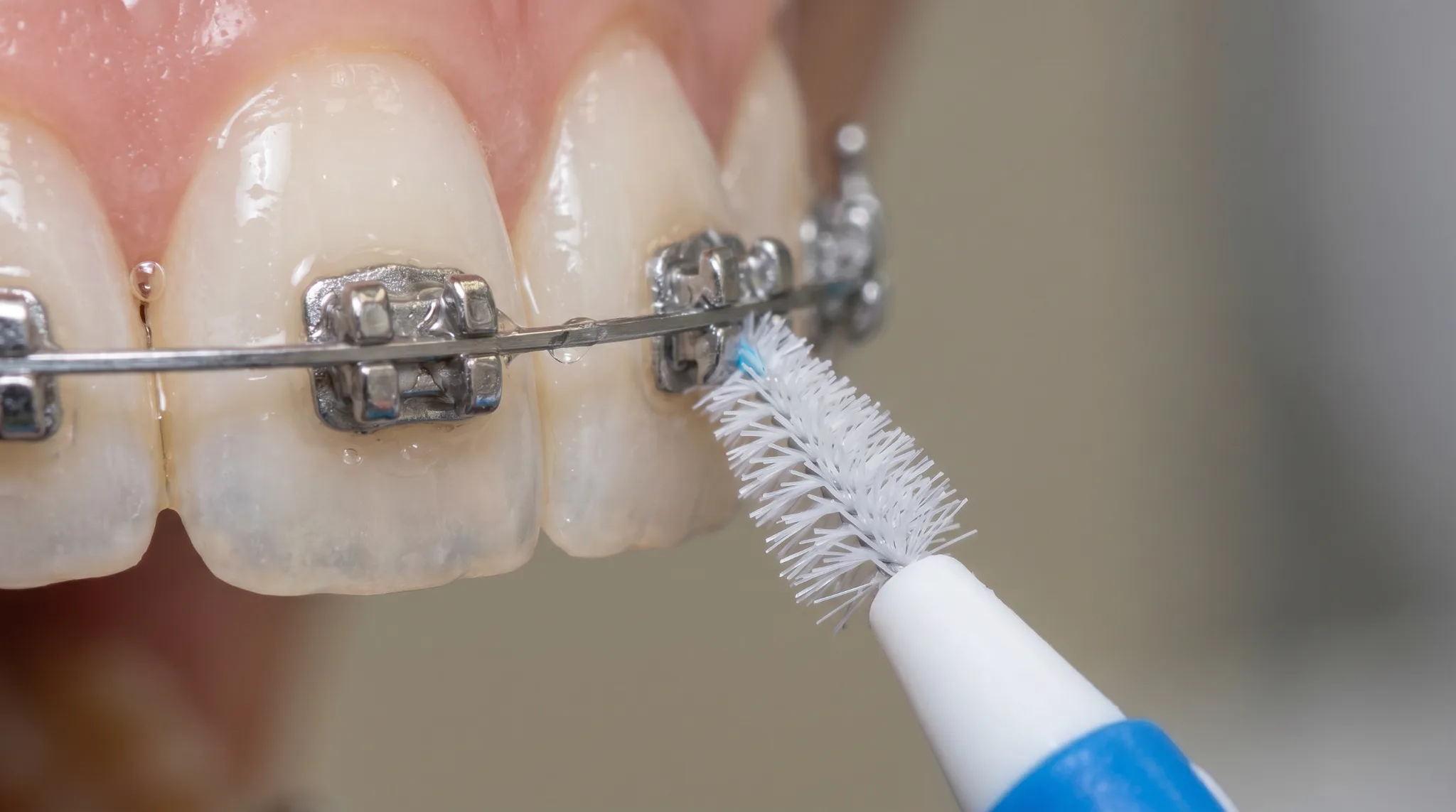 Interdentalna četkica se provlači između bravica fiksnog aparata