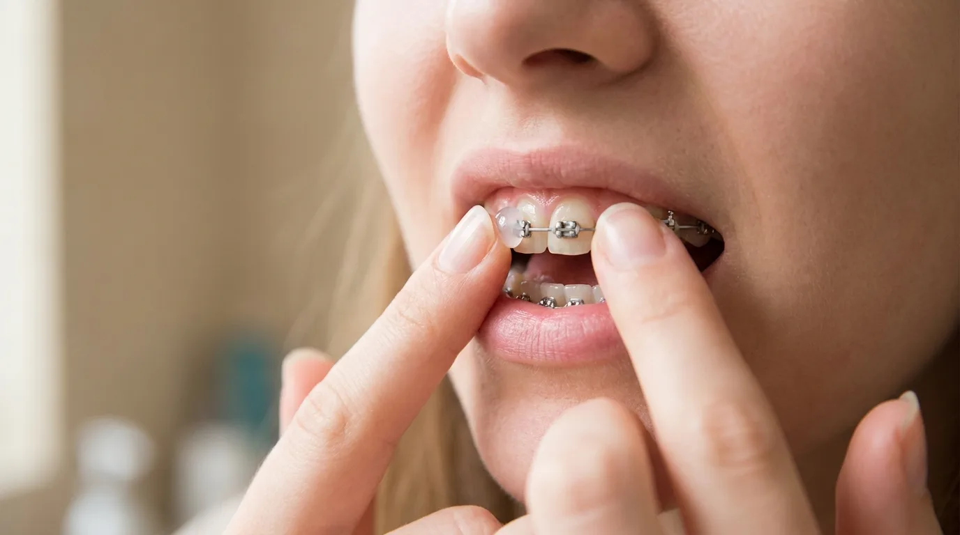 Patient receiving orthodontic wax from a dentist in the practice