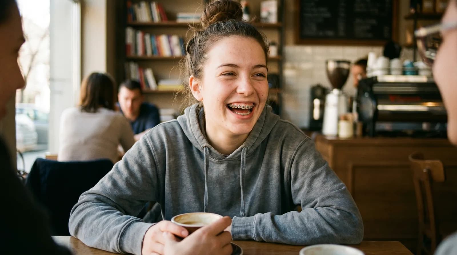 Nasmejana mlada žena sa fiksnim aparatom drži šolju kafe u kafiću