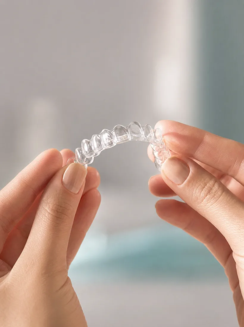 Clear teeth-straightening aligner up close, barely noticeable