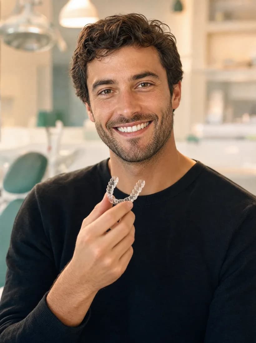 Man holding a clear aligner for teeth straightening