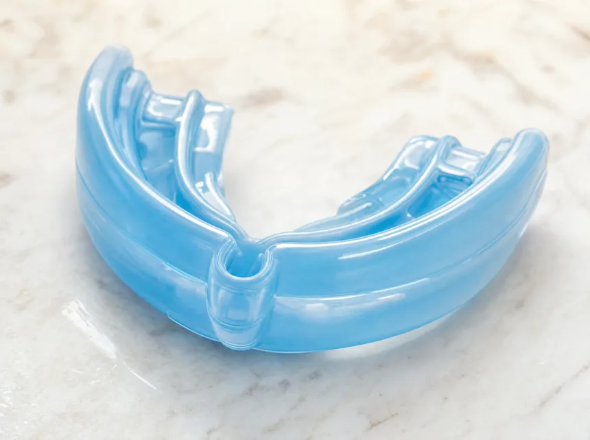 Myobrace appliance up close, soft blue silicone trainer for children