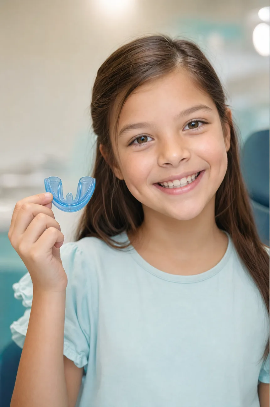 Child holding a blue Myobrace removable appliance for teeth straightening