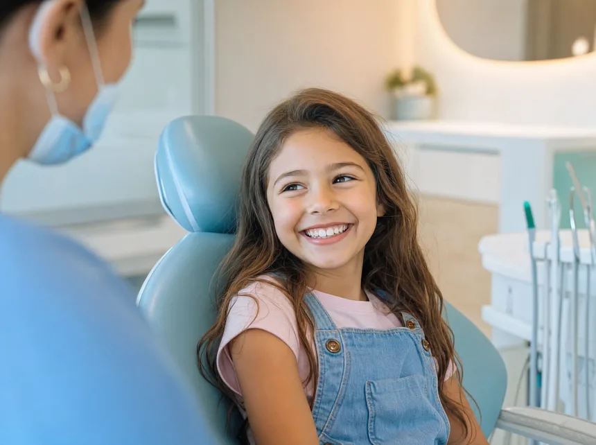 Smiling child at an exam in the Dental Med NS clinic