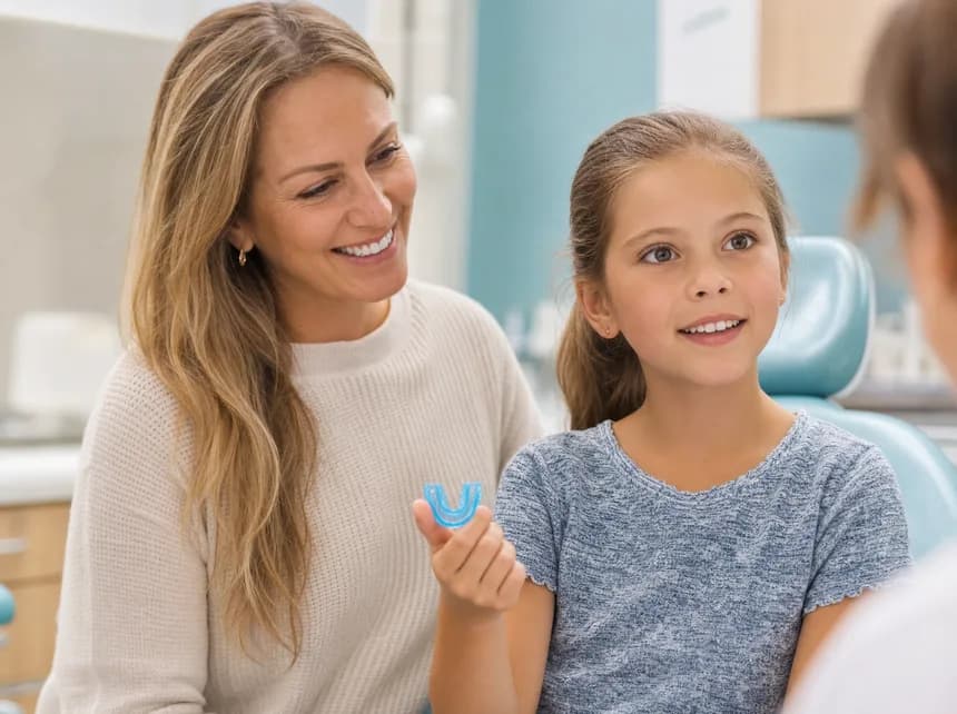 Mother and child at a consultation, child holding a Myobrace appliance