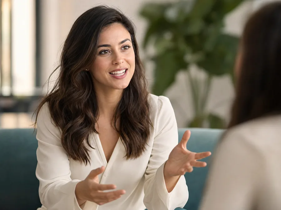 Woman speaking clearly and confidently in conversation
