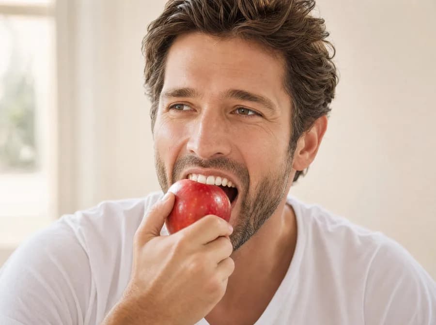 Man biting into an apple with healthy, strong teeth